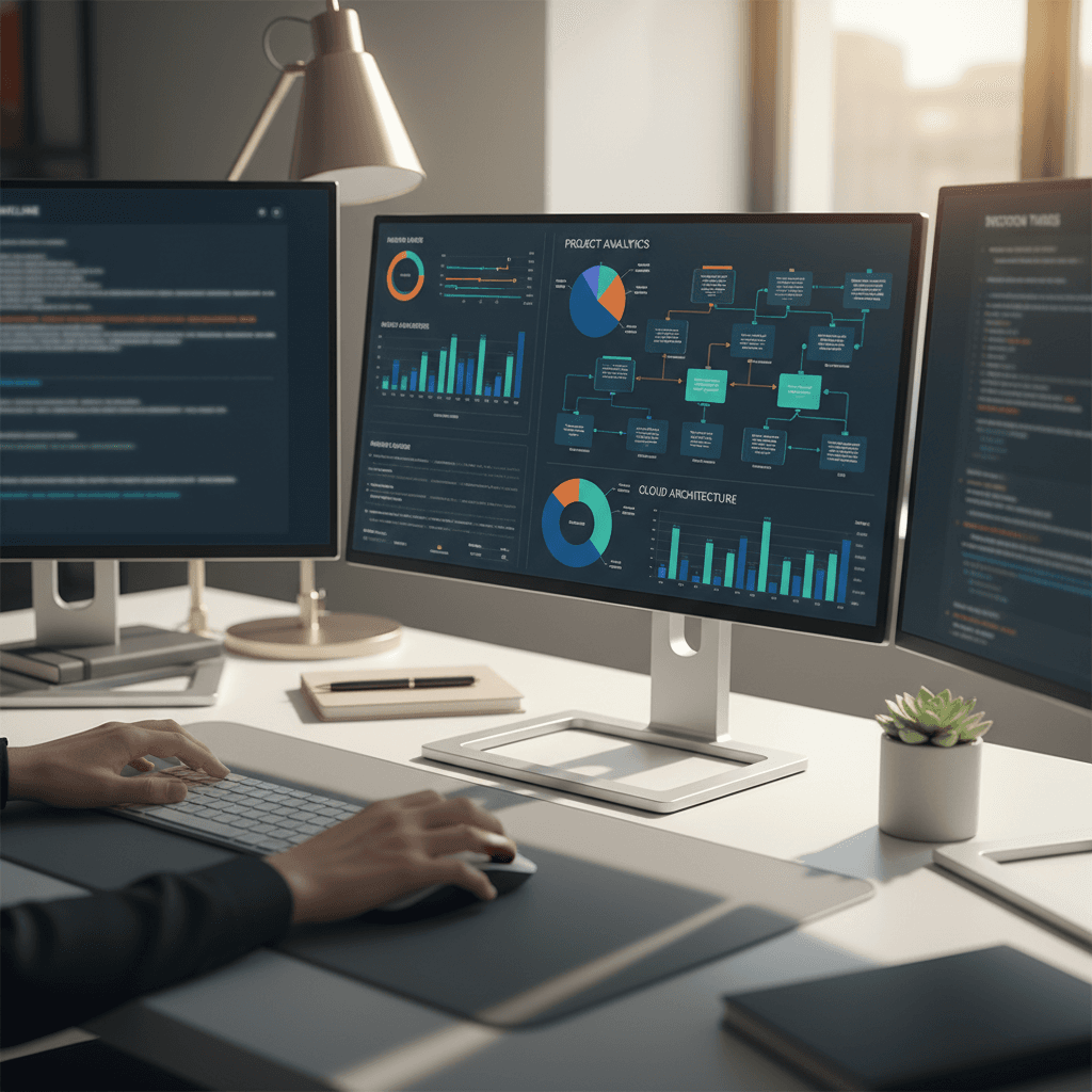 IT consultant reviewing technical systems on laptop